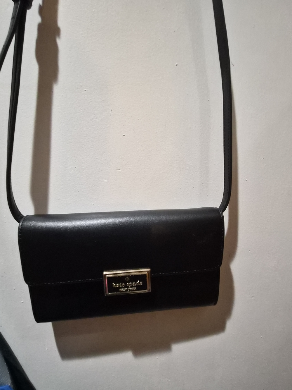 kate spade Black Leather Flap Crossbody with Gold Plaque